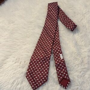 Hermes Burgundy/Red/Gray Silk Tie With Bunny/Rabbit/Seals pre-owned.